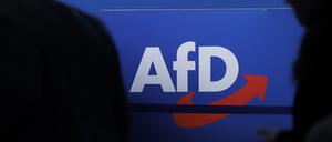 ARCHIV - 28.07.2023, Sachsen-Anhalt, Magdeburg: Delegierte gehen vor dem Parteilogo bei dem AfD-Bundesparteitag in Magdeburg. (zu dpa: «Thüringer AfD-Großspender: Ich war kein Strohmann») Foto: Carsten Koall/dpa +++ dpa-Bildfunk +++