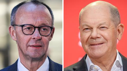 Diese Kombo zeigt Friedrich Merz (l) im Universitätsklinikum in Köln am 04.02.2025 und Bundeskanzler Olaf Scholz im SPD-Präsidium in Berlin am 05.01.2025.