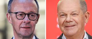 Diese Kombo zeigt Friedrich Merz (l) im Universitätsklinikum in Köln am 04.02.2025 und Bundeskanzler Olaf Scholz im SPD-Präsidium in Berlin am 05.01.2025.