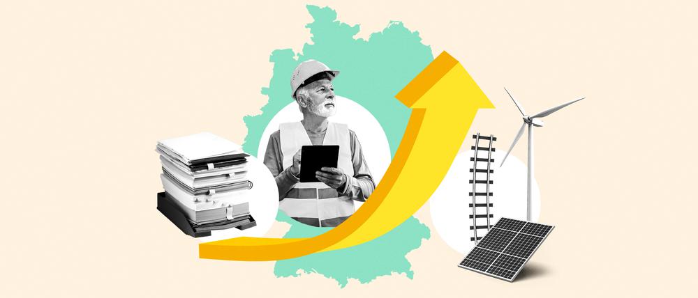 Pfeil vor Länderumriss von Deutschland zeigt nach oben.