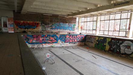 Die verfallenen Schwimmhalle am Schlosspark Schönhausen.