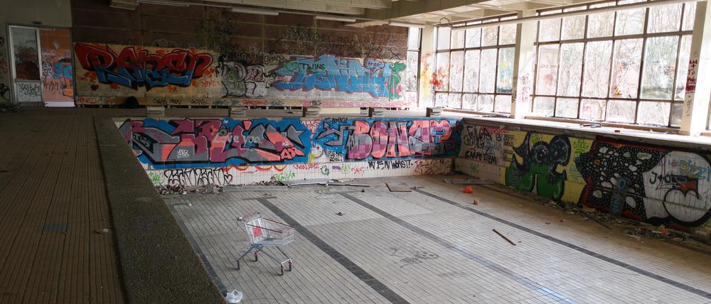 Die verfallenen Schwimmhalle am Schlosspark Schönhausen.
