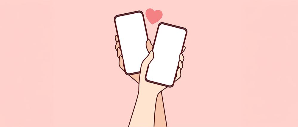 Eine Illustration zeigt zwei Hände, die Smartphones halten. Darüber ist ein Herz zu sehen.