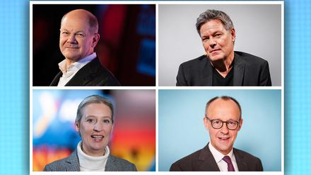 Bundeskanzler Olaf Scholz (SPD, oben links), Robert Habeck (Bündnis 90/Die Grünen, oben rechts), Alice Weidel (AfD) sowie Friedrich Merz (Union) treten als Kanzlerkandidaten für ihre Parteien an. 