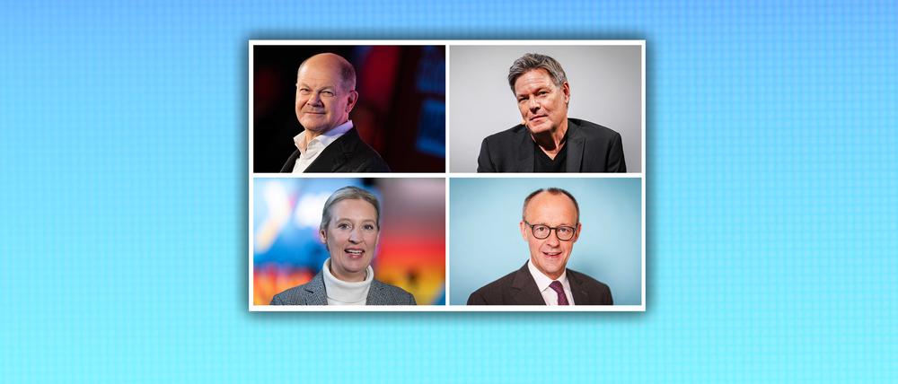 Bundeskanzler Olaf Scholz (SPD, oben links), Robert Habeck (Bündnis 90/Die Grünen, oben rechts), Alice Weidel (AfD) sowie Friedrich Merz (Union) treten als Kanzlerkandidaten für ihre Parteien an. 