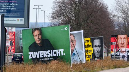 Wahlplakate von Bündnis90/Die Grünen, Die Linke, FDP und SPD stehen an einer Straße in Thüringen.