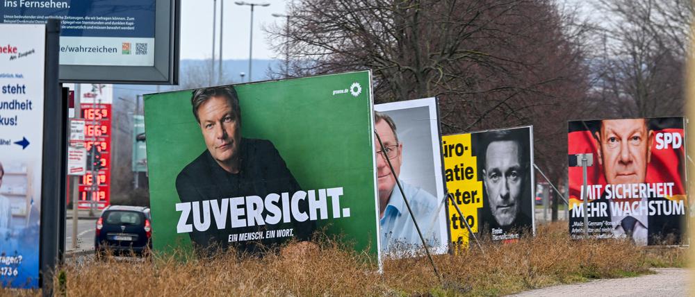 Wahlplakate von Bündnis90/Die Grünen, Die Linke, FDP und SPD stehen an einer Straße in Thüringen.