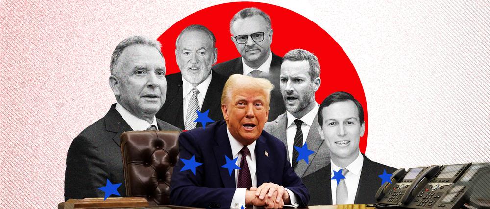 US-Präsident Donald Trump und seine Berater Steve Witkoff, Mike Huckabee, Massad Boulos, Adam Boehler und Jared Kushner (von links).