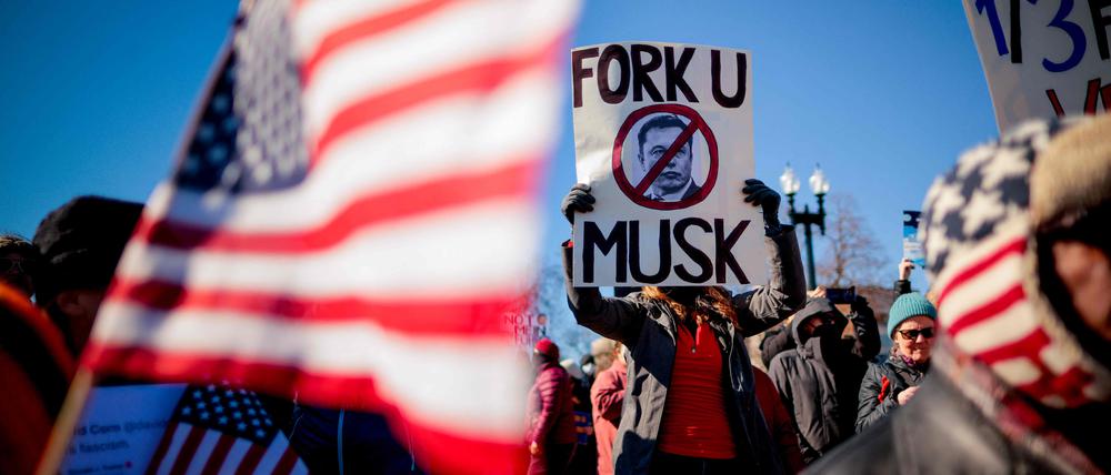 Anti-Musk-Schilder bei einer Demonstration in Washington. 