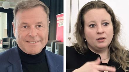Christian Görke, (links) Spitzenkandidat der Linken in Brandenburg, bei einer Wahlveranstaltung mit Gysi, Ramelow und Bartsch in Cottbus. 
Friederike Benda, Spitzenkandidatin des BSW in Brandenburg. 