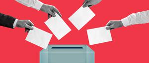Vier Hände mit Stimmzetteln über einer Wahlurne (Illustration).
