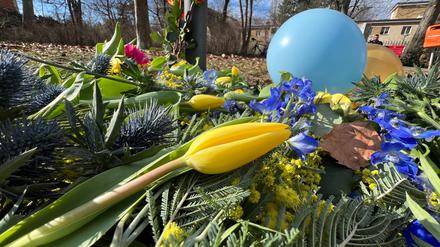 Gedenken an den Kriegsbeginn: Am 24. Februar 2024 wurden im Steglitzer Charkiw-Park Blumen niedergelegt und an die Opfer des russischen Krieges gegen die Ukraine erinnert.
