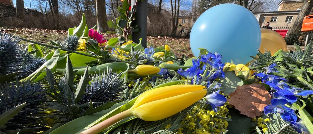 Gedenken an den Kriegsbeginn: Am 24. Februar 2024 wurden im Steglitzer Charkiw-Park Blumen niedergelegt und an die Opfer des russischen Krieges gegen die Ukraine erinnert.