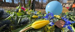 Gedenken an den Kriegsbeginn: Am 24. Februar 2024 wurden im Steglitzer Charkiw-Park Blumen niedergelegt und an die Opfer des russischen Krieges gegen die Ukraine erinnert.