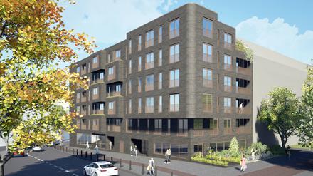 Visualisierungen des Neubaus in der Körnerstraße 48: Die Wohnungsbausgesellschaft Stadt und Land plant einen Sechsgeschosser, in dem 24 Wohnungen und vier Läden Platz finden.