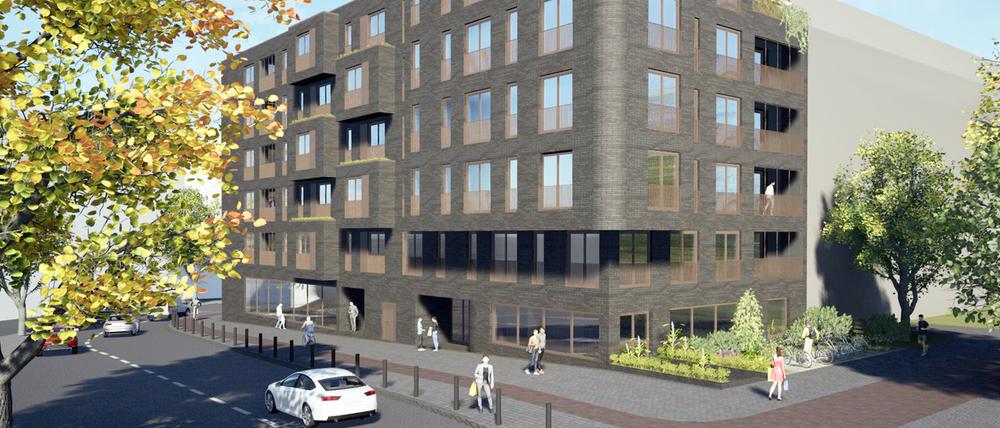 Visualisierungen des Neubaus in der Körnerstraße 48: Die Wohnungsbausgesellschaft Stadt und Land plant einen Sechsgeschosser, in dem 24 Wohnungen und vier Läden Platz finden.