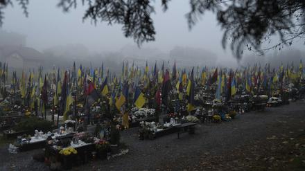 Gräber ukrainischer Soldaten, die seit dem Beginn der russischen Invasion gefallen sind, auf dem Lytschakiw-Friedhof in Lwiw.