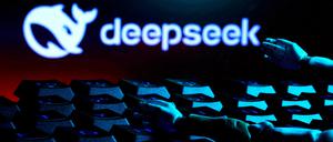 Deepseek-Logo, darunter Hände auf einer Tastatur