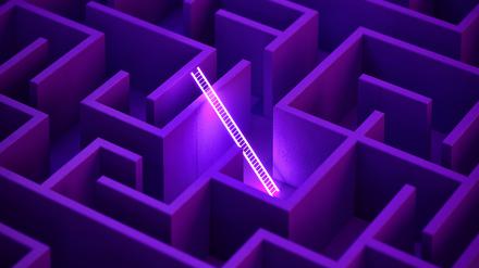 Glowing white ladder in a purple maze. Strategy and getting away from all concept.