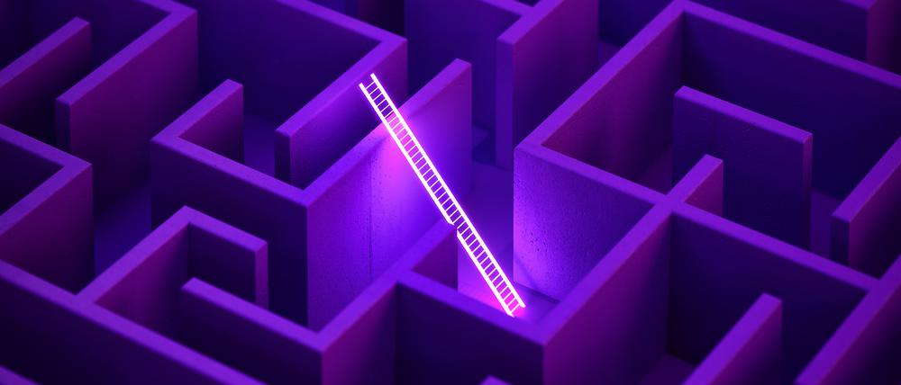 Glowing white ladder in a purple maze. Strategy and getting away from all concept.