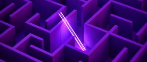 Glowing white ladder in a purple maze. Strategy and getting away from all concept.
