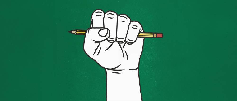  Ein beballte Faust hält einen Bleistift (Illustration, Symbolbild)