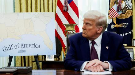 US-Präsident Donald Trump sitzt neben einer Karte, die den Golf von Mexiko zeigt, den er in Golf von Amerika umbenannt hat (Archivbild).