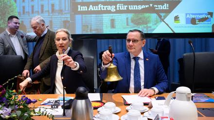 Die Fraktionschefs Alice Weidel und Tino Chrupalla eröffnen die erste AfD-Fraktionssitzung nach der Bundestagswahl.  