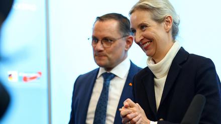 Alice Weidel und Tino Chrupalla nach einer Pressekonferenz am 25. Februar.