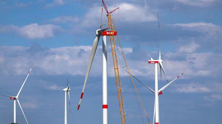 Ein Kran hebt auf der Baustelle eines neuen Windparks ein Rotorblatt für die Montage an das Generatorhaus (Symbolbild).