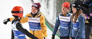 Jubel bei den deutschen Skispringen Selina Freitag, Agnes Reisch, Katharina Schmid und Juliane Seyfarth (v.l.).