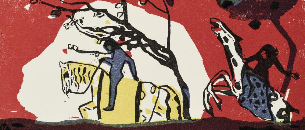 Wassily Kandinskys „Zwei Reiter vor Rot“, ein Farbholzschnitt von 1911.
