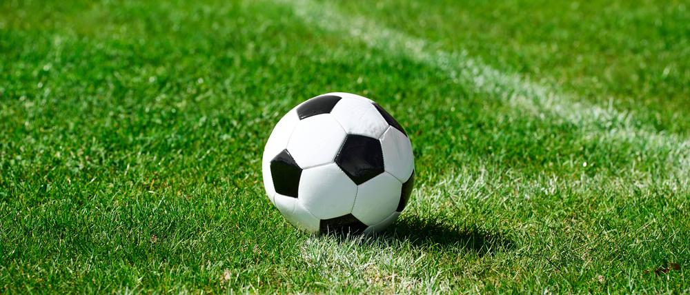 Ein Fußball liegt auf einem Rasenspielfeld. (Symbolbild)