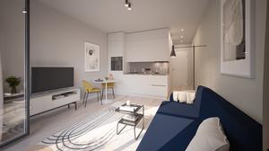 Eine mögliche Einrichtungsvariante einer „löffelfertigen“ Wohnung im Neubauprojekt LVL UP am Hallschen Ufer in Berlin.