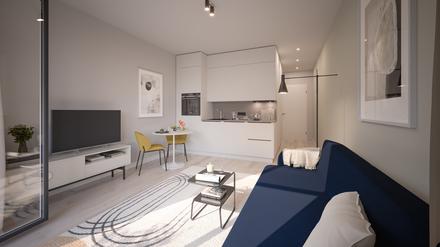 Eine mögliche Einrichtungsvariante einer „löffelfertigen“ Wohnung im Neubauprojekt LVL UP am Hallschen Ufer in Berlin.