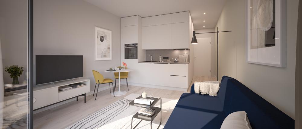 Eine mögliche Einrichtungsvariante einer „löffelfertigen“ Wohnung im Neubauprojekt LVL UP am Hallschen Ufer in Berlin.