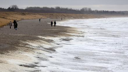 ARCHIV - 05.01.2023, Mecklenburg-Vorpommern, Wustrow: Spaziergänger sind am Ostseestrand unterwegs, während der stürmische Wind weißen Schaum an das Ufer treibt. Schädliche PFAS-Chemikalien, auch Ewigkeitschemikalien genannt, finden sich einer Greenpeace-Studie zufolge in angespültem Meeresschaum an Stränden an der deutschen Nord- und Ostseeküste. (zu dpa: «Landesregierung für weitgehendes Verbot von PFAS-Chemikalien») Foto: Bernd Wüstneck/dpa +++ dpa-Bildfunk +++