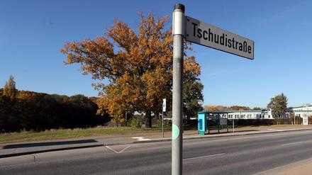 Ein Straßenschild mit der Aufschrift Tschudistraße steht an einer Straße