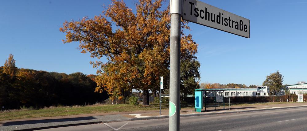 Ein Straßenschild mit der Aufschrift Tschudistraße steht an einer Straße