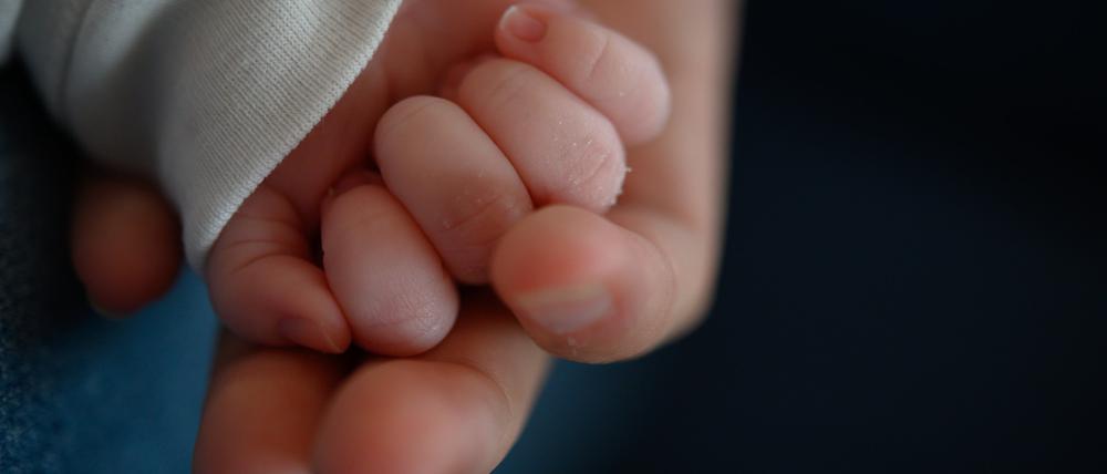 Die Hand eines zwei Wochen alten Neugeborenen liegt in der Hand seiner Mutter.