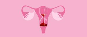 Weibliche Eierstöcke und eine ablaufende Sanduhr als Illustration für die Menopause.