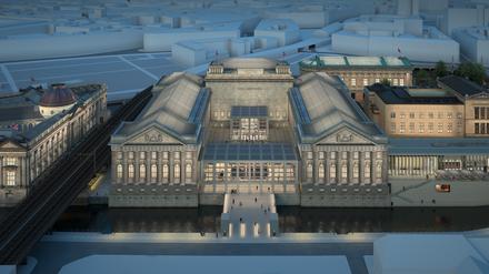 Simulation der zukünftigen Museumsinsel Berlin: Blick vom Kupfergraben auf das Pergamonmuseum mit dem vierten Flügel (derzeit abschnittweise in Sanierung bzw. Bau).