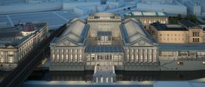 Simulation der zukünftigen Museumsinsel Berlin: Blick vom Kupfergraben auf das Pergamonmuseum mit dem vierten Flügel (derzeit abschnittweise in Sanierung bzw. Bau).