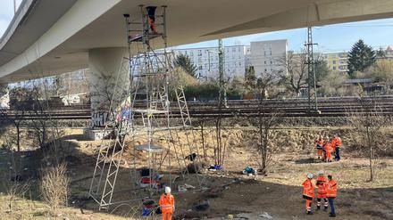 Arbeiter stehen unter der Autobahnbrücke.