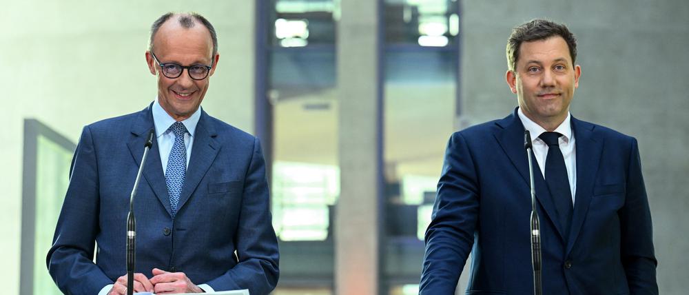 Friedrich Merz (CDU) und Lars Klingbeil (SPD) bei der Verkündung der Sondierungsergebnisse.
