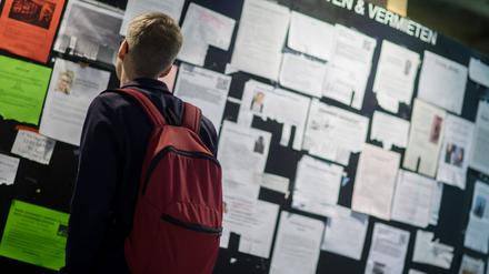 Ein junger Mann mit Rucksack steht vor einer Wand mit Zetteln mit Zimmerangeboten.