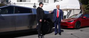 US-Präsident Donald Trump steht mit Elon Musk im März an Tesla-Wagen vor dem Weißen Haus
