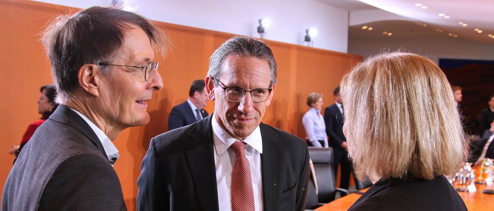 Bundesminister für Gesundheit Karl Lauterbach, SPD, Bundesminister der Finanzen Jörg Kukies, SPD, Bundesministerin des Innern und für Heimat Nancy Faeser, SPD, im Januar 2025