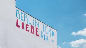 BErlin, Germany - june 2018: Graffiti slogan on building facade saying: Berlin, I love you (german: Berlin Ick liebe Dir) xkwx I love you, Ick liebe Dir, art, artwork, berlin, building, city, cityscape, facade, german, germany, graffiti, graffity, grafitti, house, ick lieb dir, love, message, mural, paint roll, painting, roof, rooftop, sky, slogan, street, street art, text, urban, wall, writing