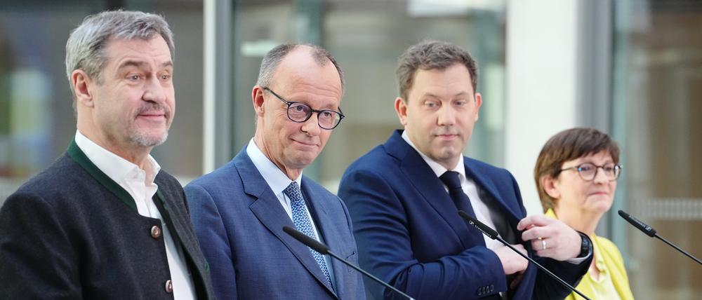 Was immer die Arbeitsgruppen beschließen: Die Parteichefs Markus Söder (CSU), Friedrich Merz (CDU), Lars Klingbeil und Saskia Esken (beide SPD) müssen die Ergebnisse am Ende zusammenführen.